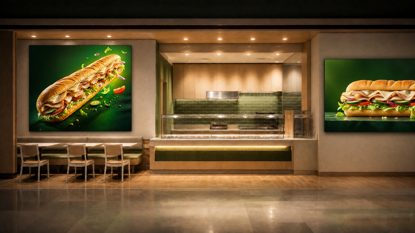 Subway Kings Plaza interior with square and panoramic LED displays on both walls